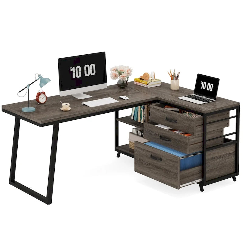 Reversible L Shaped Desk With File Drawers, Corner Computer Desk