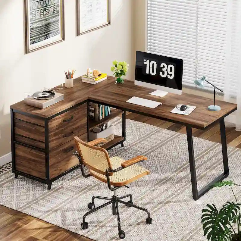 Reversible L Shaped Desk With File Drawers, Corner Computer Desk