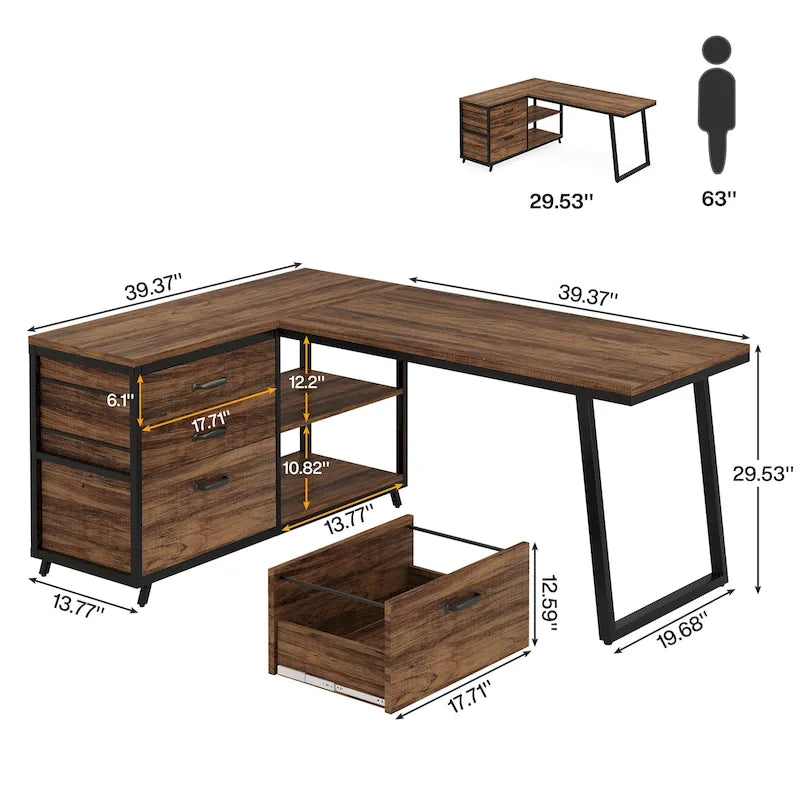 Reversible L Shaped Desk With File Drawers, Corner Computer Desk