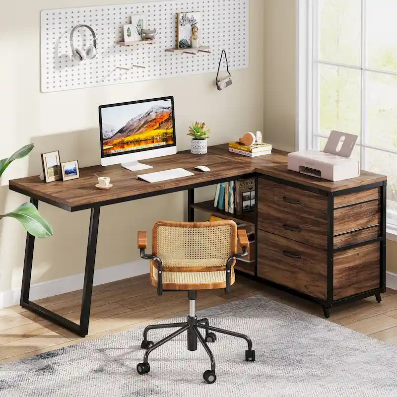 Reversible L Shaped Desk With File Drawers, Corner Computer Desk