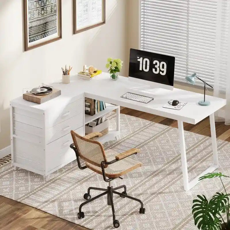 Reversible L Shaped Desk With File Drawers, Corner Computer Desk