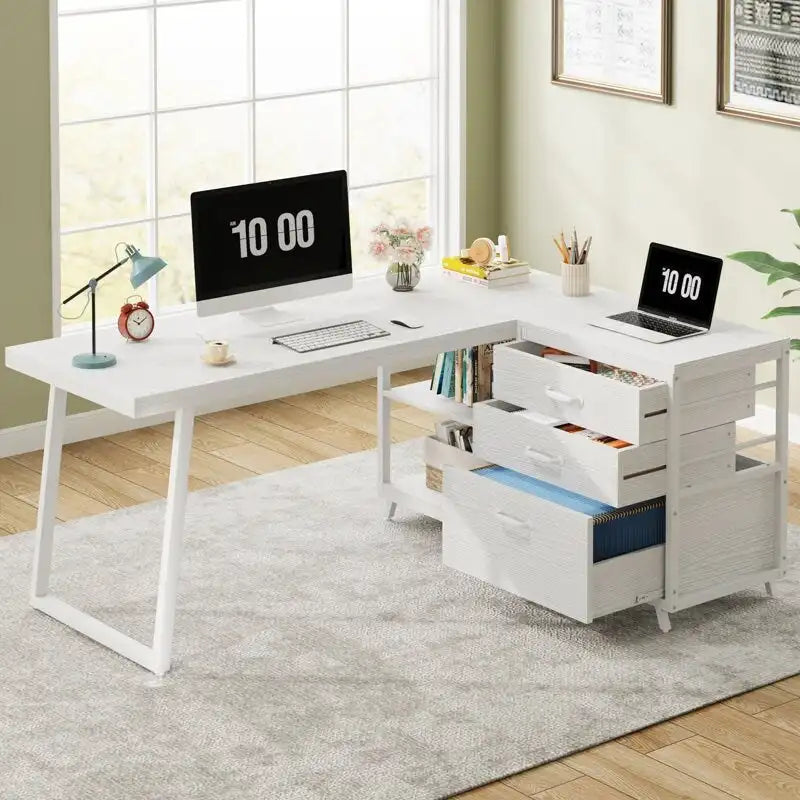 Reversible L Shaped Desk With File Drawers, Corner Computer Desk
