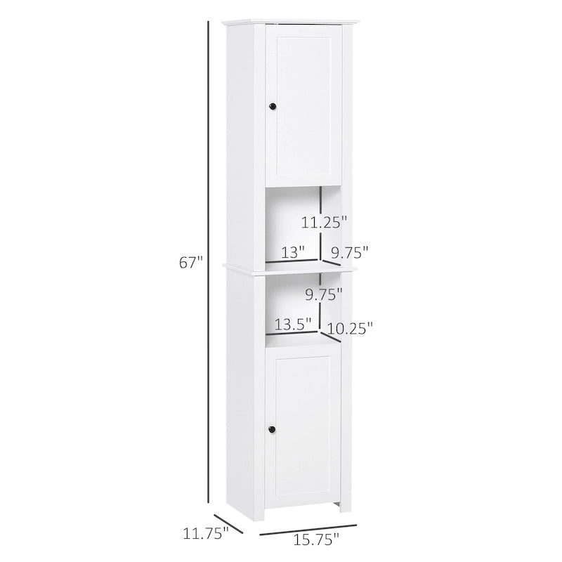 Tall Bathroom Storage Cabinet, Freestanding Linen Tower with 2-Tier Shelf and 2 Cupboards, White