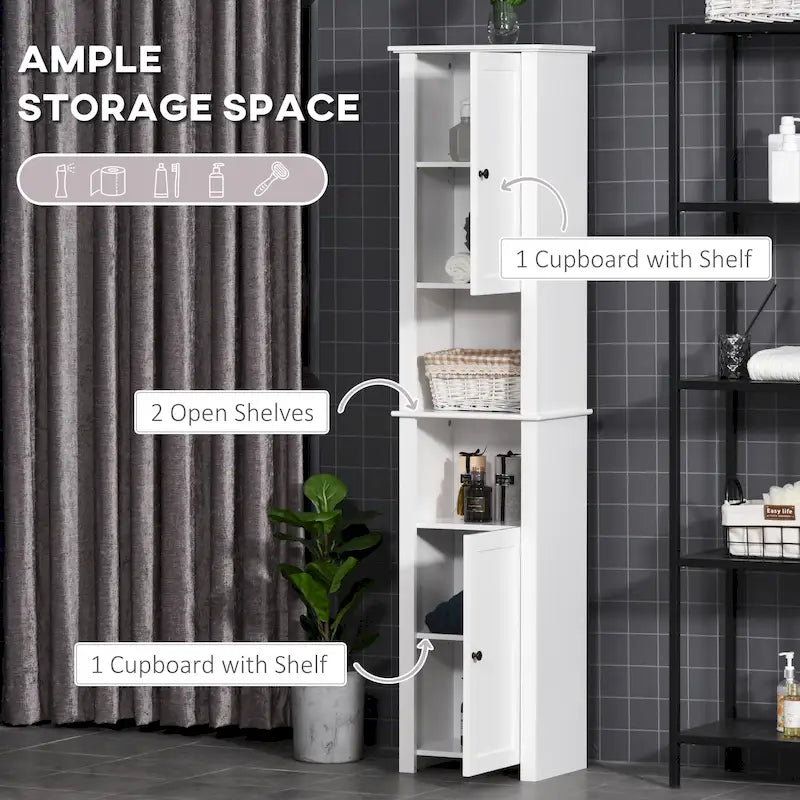 Tall Bathroom Storage Cabinet, Freestanding Linen Tower with 2-Tier Shelf and 2 Cupboards, White
