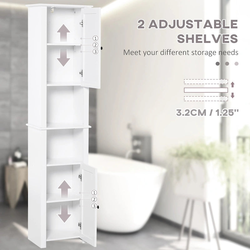 Tall Bathroom Storage Cabinet, Freestanding Linen Tower with 2-Tier Shelf and 2 Cupboards, White
