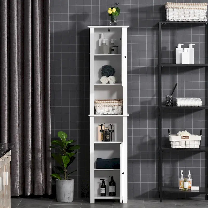 Tall Bathroom Storage Cabinet, Freestanding Linen Tower with 2-Tier Shelf and 2 Cupboards, White