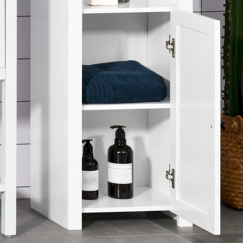 Tall Bathroom Storage Cabinet, Freestanding Linen Tower with 2-Tier Shelf and 2 Cupboards, White