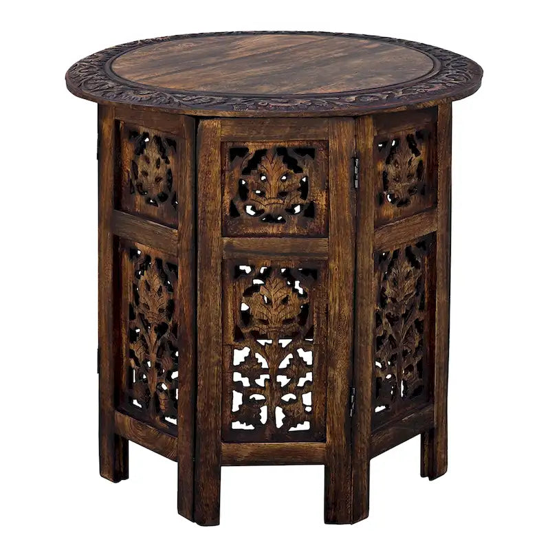 18 Inch Mango Wood Folding Accent Table, Hand Carved, Walnut Brown