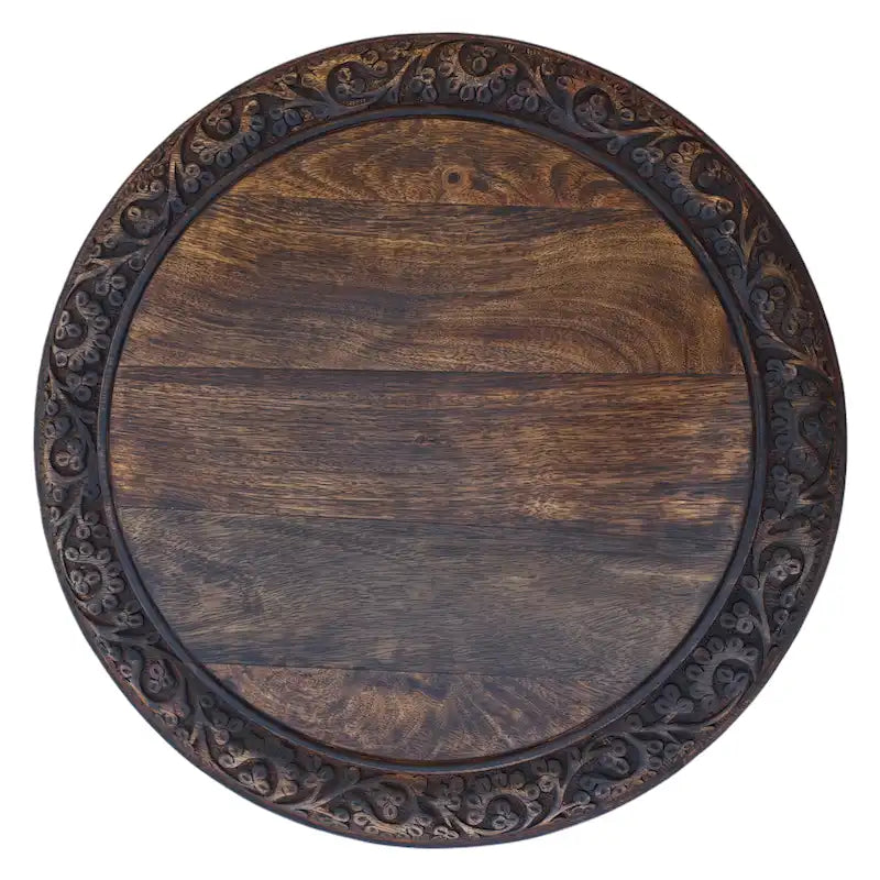 18 Inch Mango Wood Folding Accent Table, Hand Carved, Walnut Brown