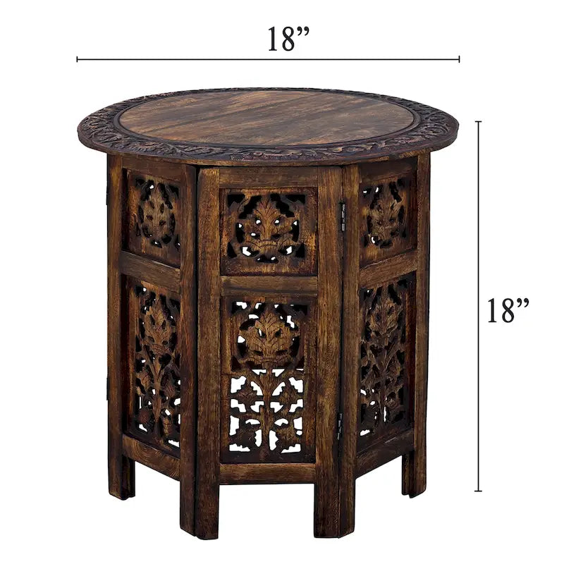 18 Inch Mango Wood Folding Accent Table, Hand Carved, Walnut Brown
