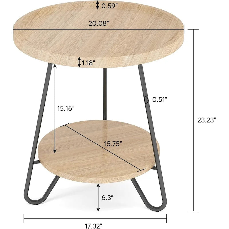 Runder Beistelltisch aus Holz, 2-stufiger Sofabeistelltisch mit Metallbeinen