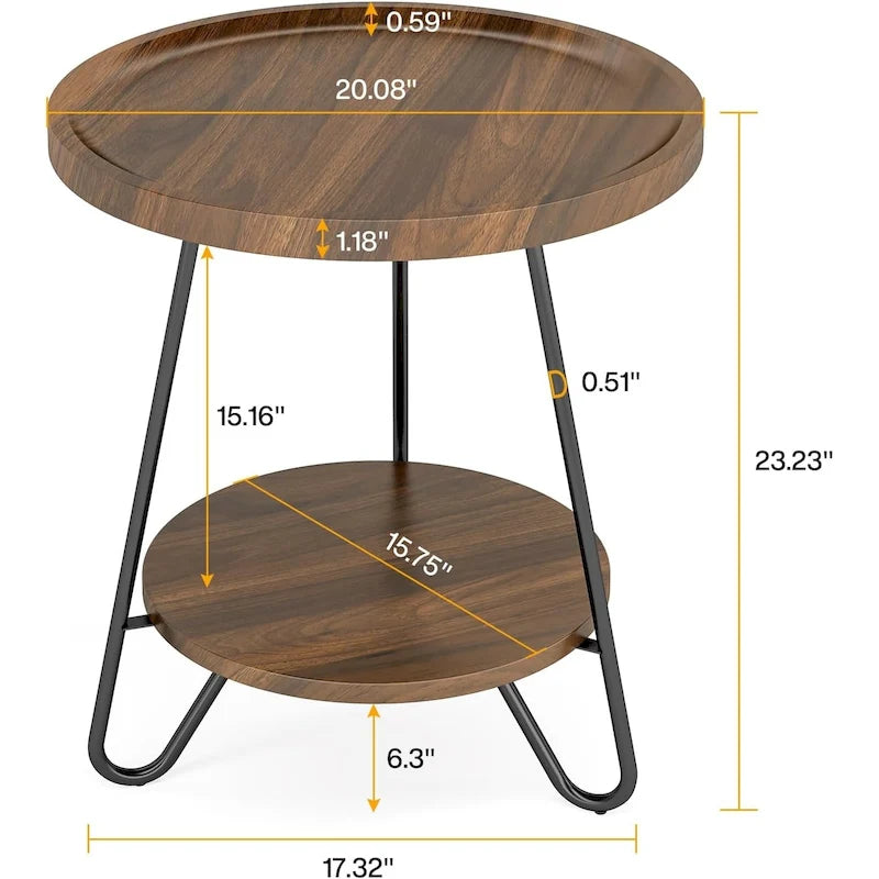Runder Beistelltisch aus Holz, 2-stufiger Sofabeistelltisch mit Metallbeinen