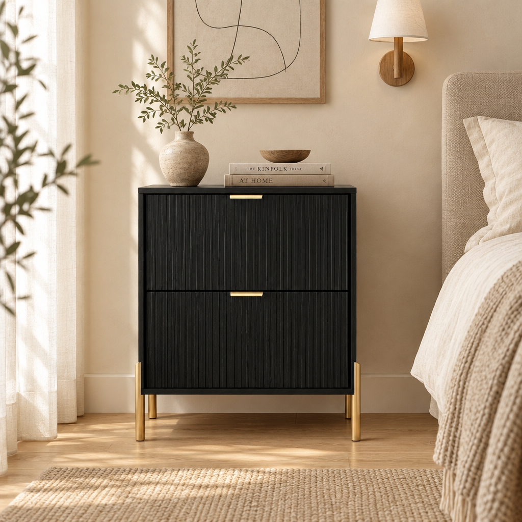 Comodino moderno a 2 cassetti, tavolino da letto, tavolino laterale