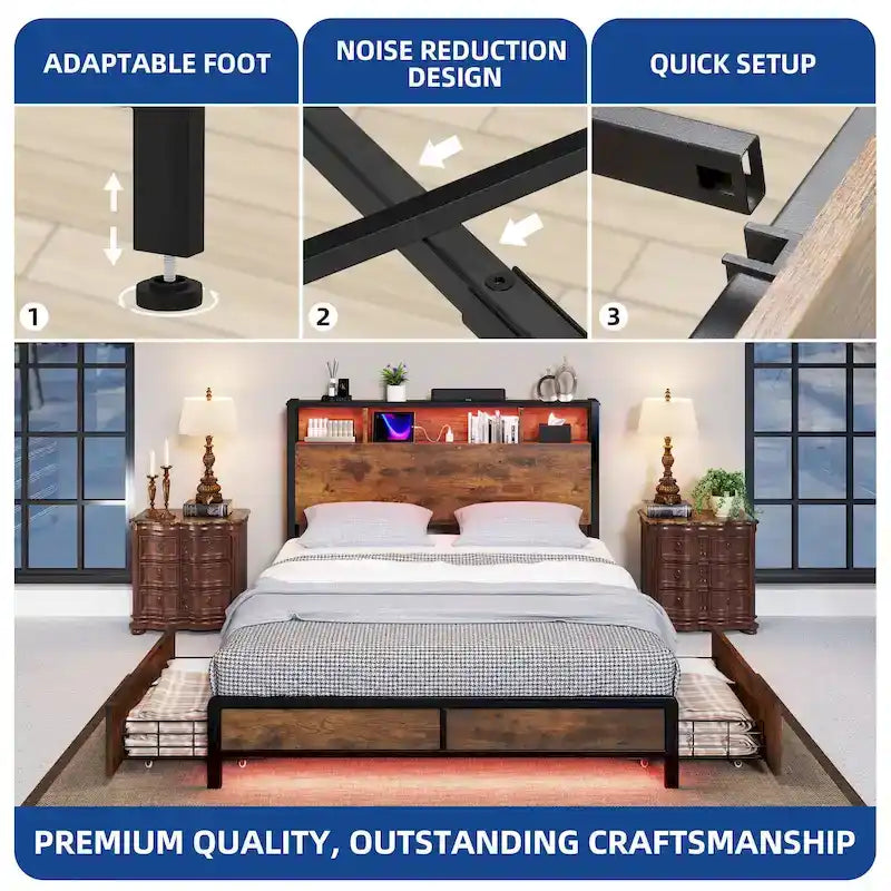 Queen 4 Storage Drawers Bed Frame with Headboard