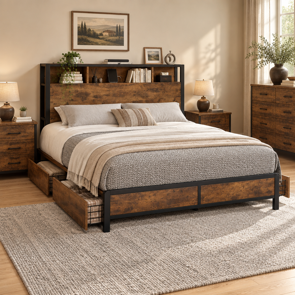 Queen 4 Storage Drawers Bed Frame with Headboard