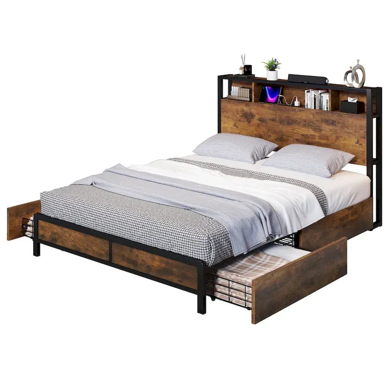 Queensize-Bettgestell mit Kopfteil und 4 Stauraumschubladen