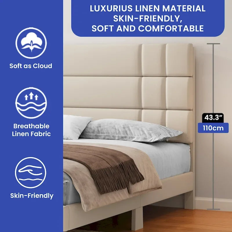 Queen/King Linen Upholstered Headboard Frame Platform Bed