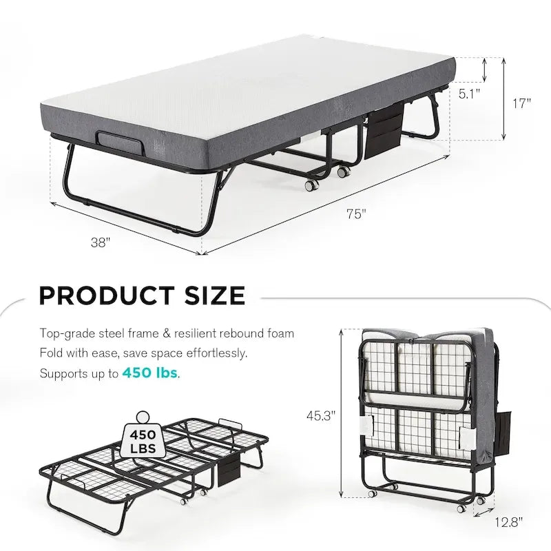 Folding Bed with Memory Foam Mattress: Portable foldable guest bed for adults with luxurious 5-inch memory foam mattress