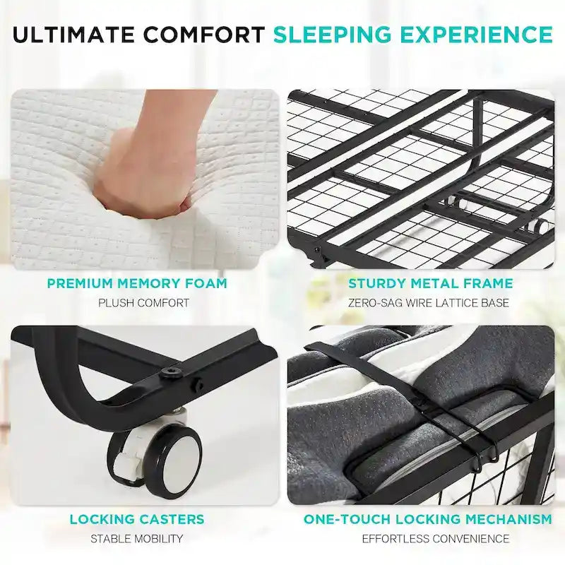 Folding Bed with Memory Foam Mattress: Portable foldable guest bed for adults with luxurious 5-inch memory foam mattress