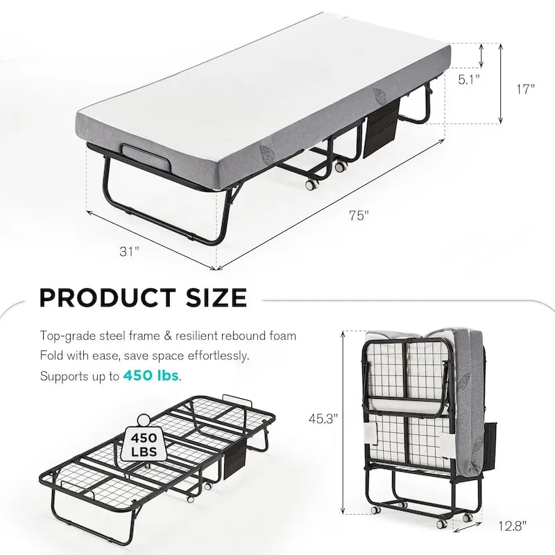 Folding Bed with Memory Foam Mattress: Portable foldable guest bed for adults with luxurious 5-inch memory foam mattress