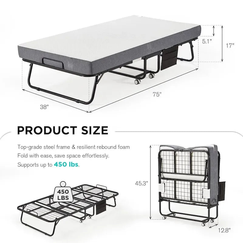 Folding Bed with Memory Foam Mattress: Portable foldable guest bed for adults with luxurious 5-inch memory foam mattress