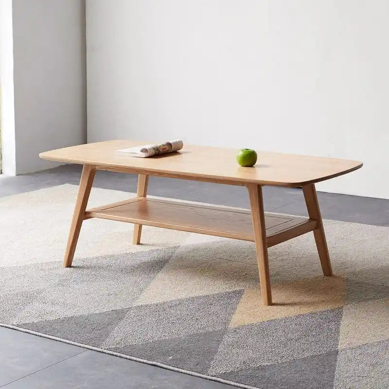 Nordic Natural Solid Wood 2-Tier Coffee Table with Shelf, Rectangle Accent Cocktail Table