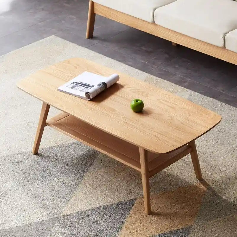 Noordse natuurlijke salontafel van massief hout met 2 niveaus en plank, rechthoekige accenttafel