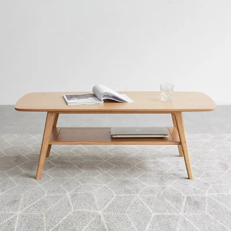 Nordic Natural Solid Wood 2-Tier Coffee Table with Shelf, Rectangle Accent Cocktail Table