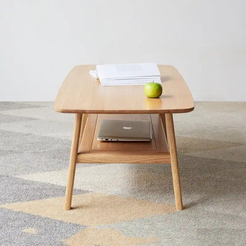 Nordic Natural Solid Wood 2-Tier Coffee Table with Shelf, Rectangle Accent Cocktail Table
