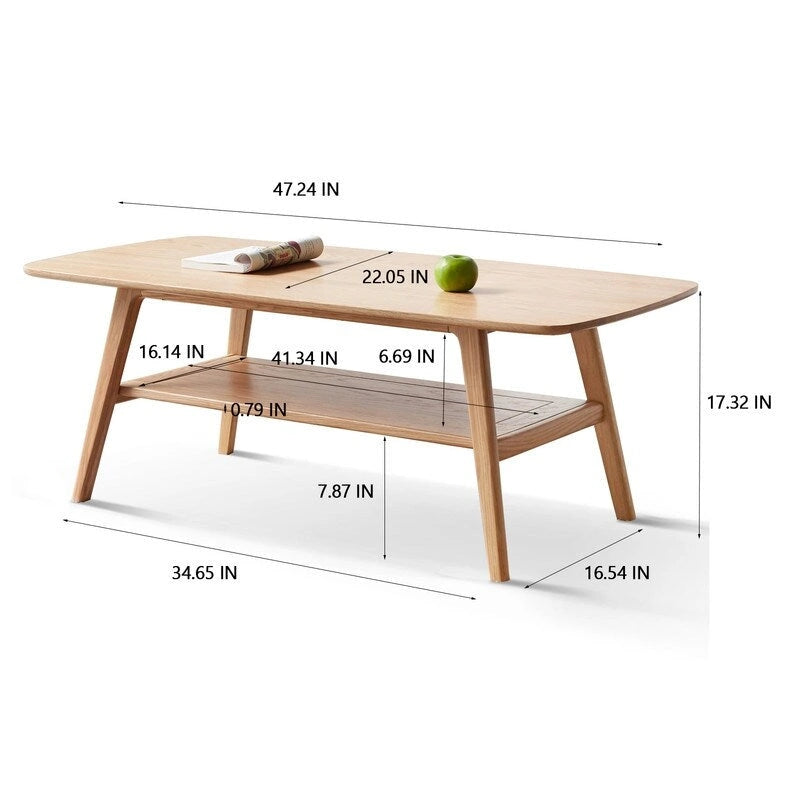 Noordse natuurlijke salontafel van massief hout met 2 niveaus en plank, rechthoekige accenttafel