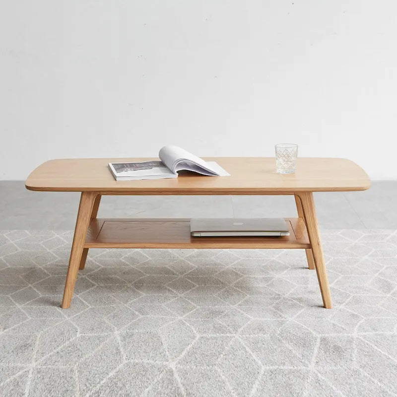 Noordse natuurlijke salontafel van massief hout met 2 niveaus en plank, rechthoekige accenttafel