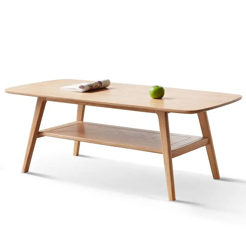 Noordse natuurlijke salontafel van massief hout met 2 niveaus en plank, rechthoekige accenttafel