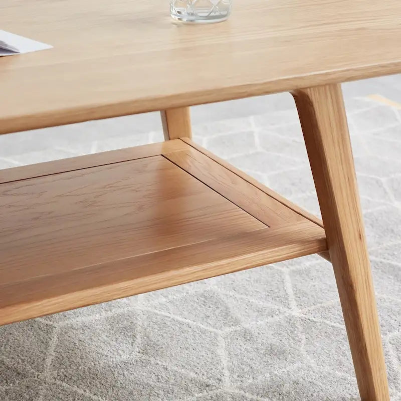 Noordse natuurlijke salontafel van massief hout met 2 niveaus en plank, rechthoekige accenttafel