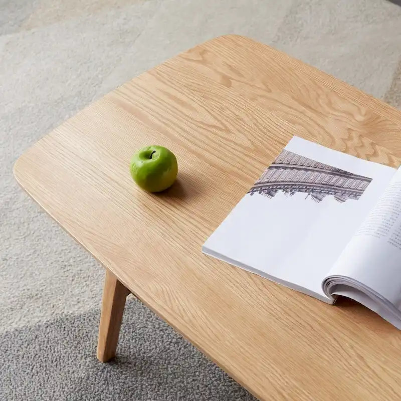 Noordse natuurlijke salontafel van massief hout met 2 niveaus en plank, rechthoekige accenttafel