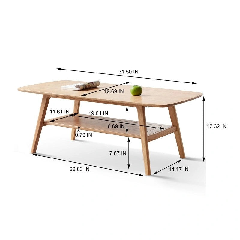 Noordse natuurlijke salontafel van massief hout met 2 niveaus en plank, rechthoekige accenttafel