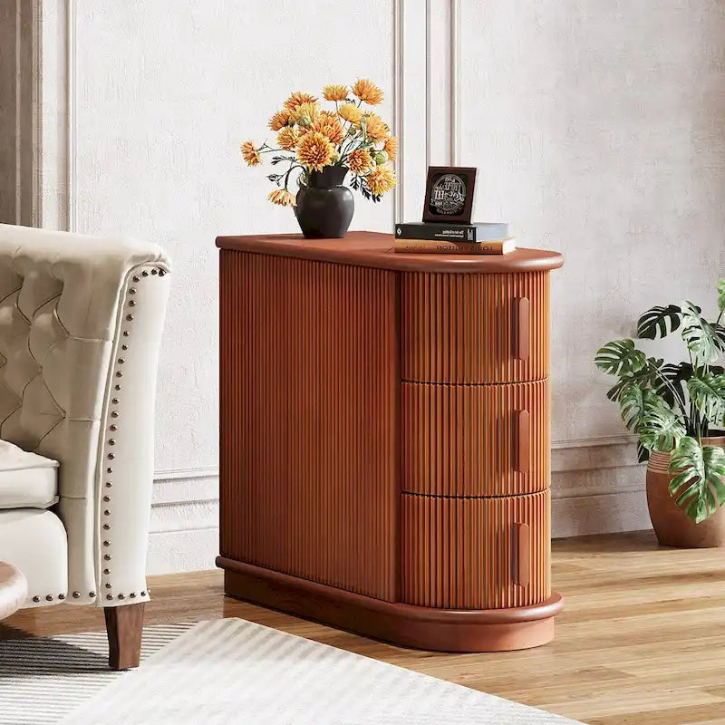 Semi-oval 3-drawer Solid Wood End Side Table for Living Room