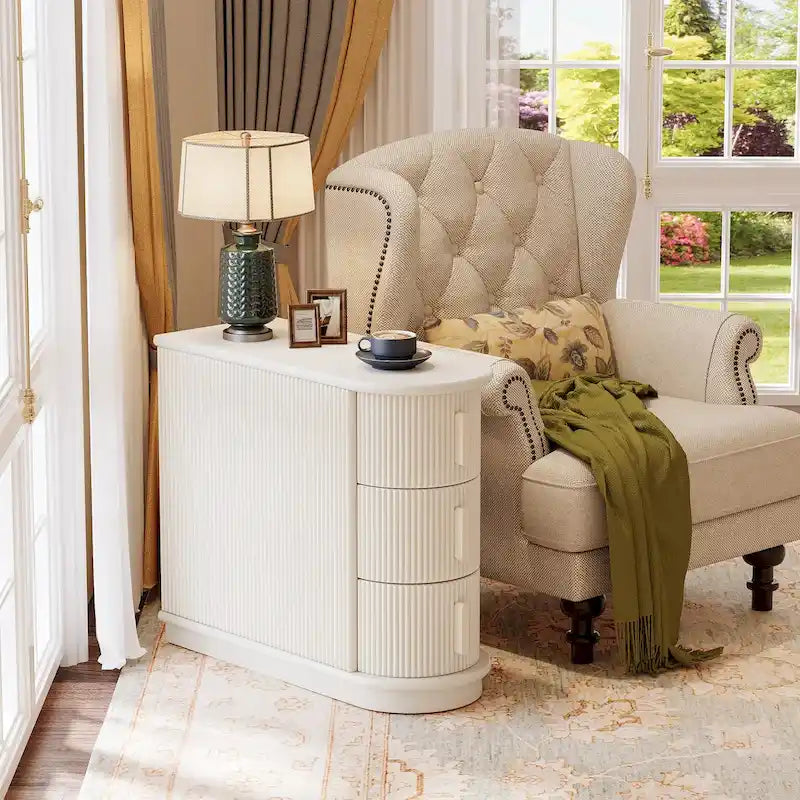 Semi-oval 3-drawer Solid Wood End Side Table for Living Room
