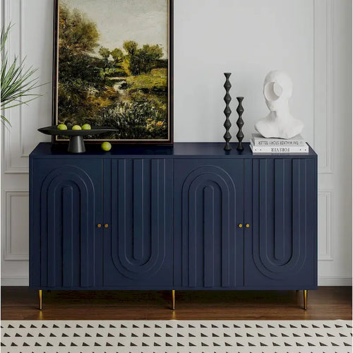 60-in Modern Blue/ Grey Lacquered 4 Door Wooden Sideboard Buffet Server Accent Storage Cabinet
