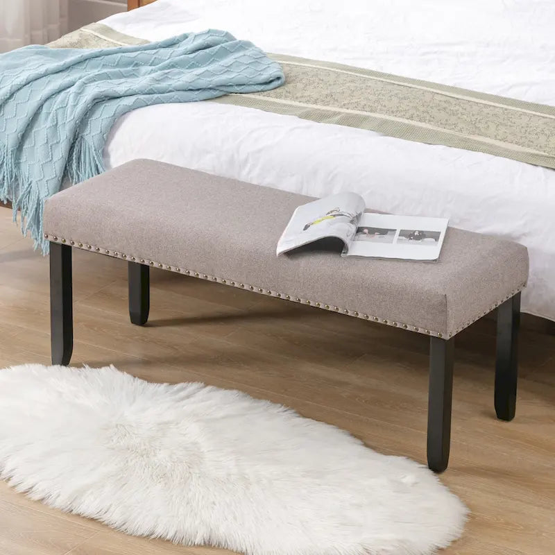 Modern 44 L Nailhead Trim Upholstered Bench with Wood Legs