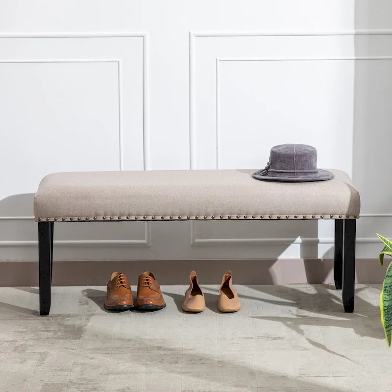 Modern 44 L Nailhead Trim Upholstered Bench with Wood Legs