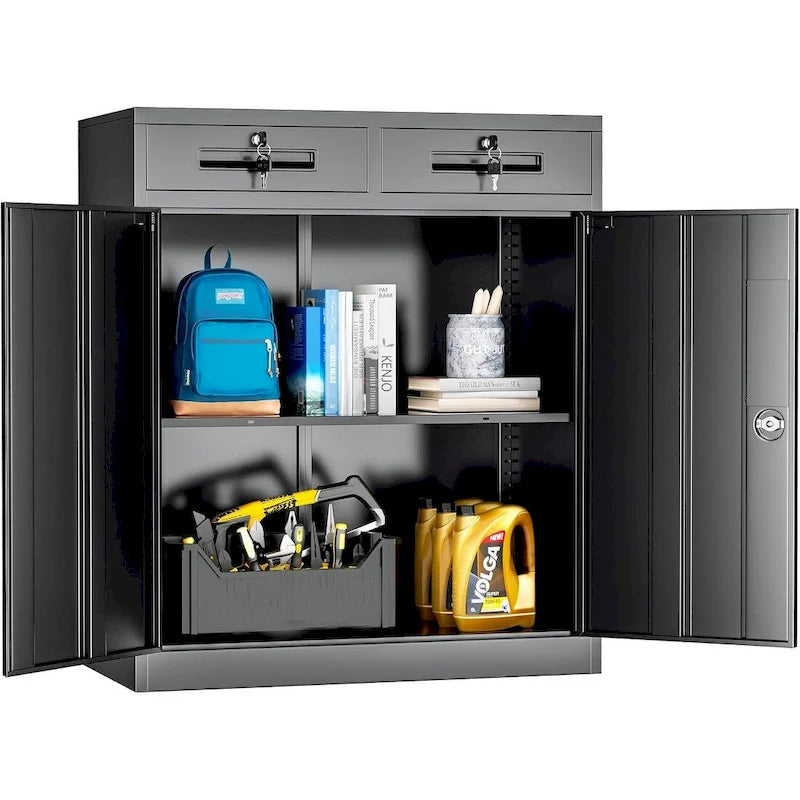 36 H Metal Locking Garage Storage Cabinet with 2 Drawers and Adjustable Shelves