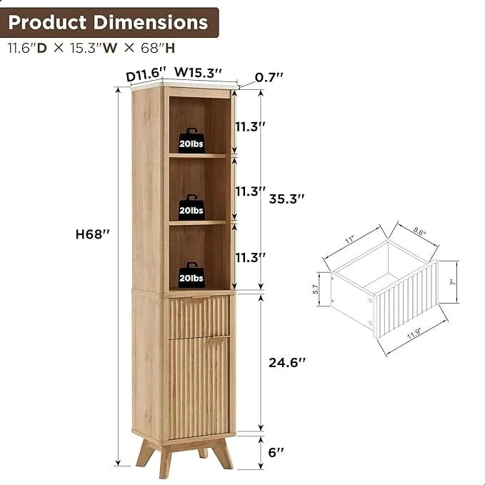 68 Tall Bathroom Narrow Storage Cabinet with Faux Marble Top