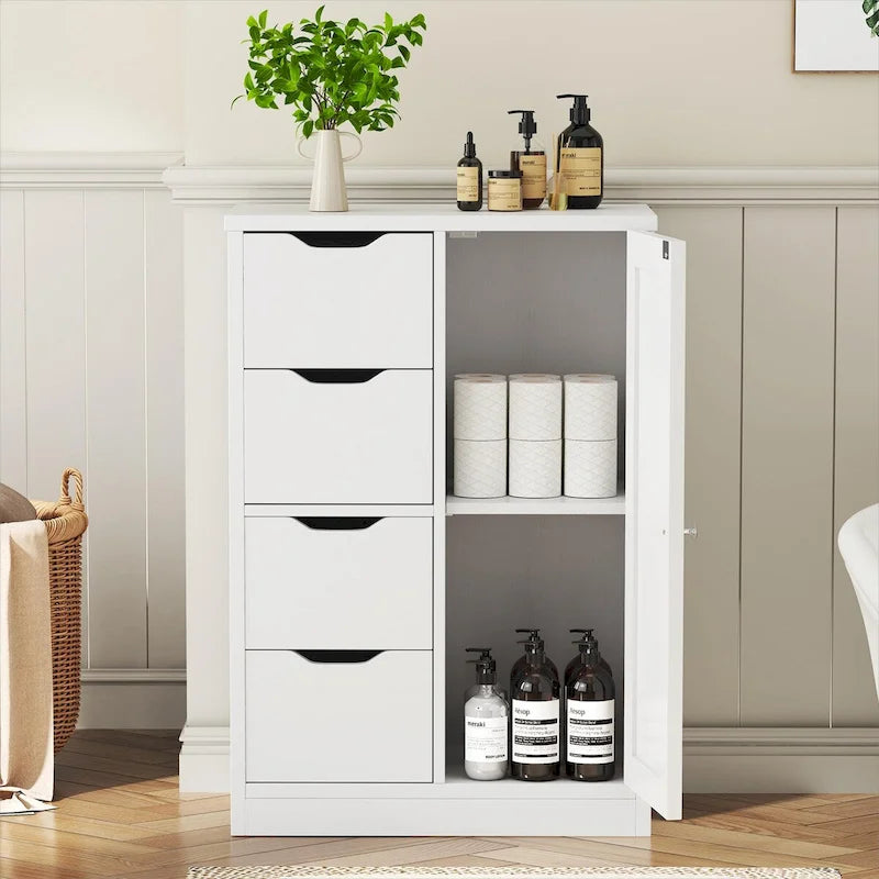 Futzca Bathroom Floor Storage Cabinet, Freestanding Pantry Cabinet with 4 Drawers and 1 Door