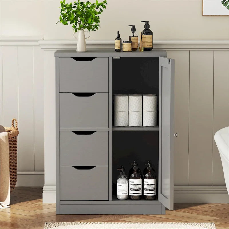 Bathroom Floor Storage Cabinet, Freestanding Pantry Cabinet with 4 Drawers and 1 Door