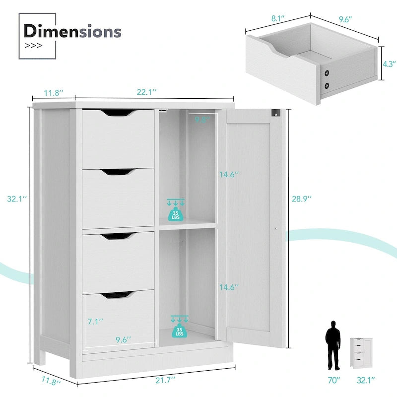 Bathroom Floor Storage Cabinet, Freestanding Pantry Cabinet with 4 Drawers and 1 Door