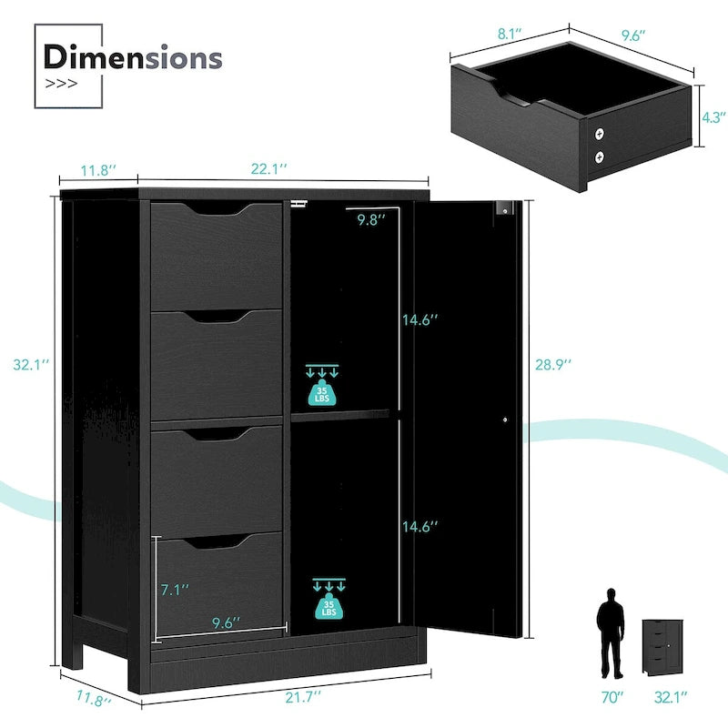 Bathroom Floor Storage Cabinet, Freestanding Pantry Cabinet with 4 Drawers and 1 Door