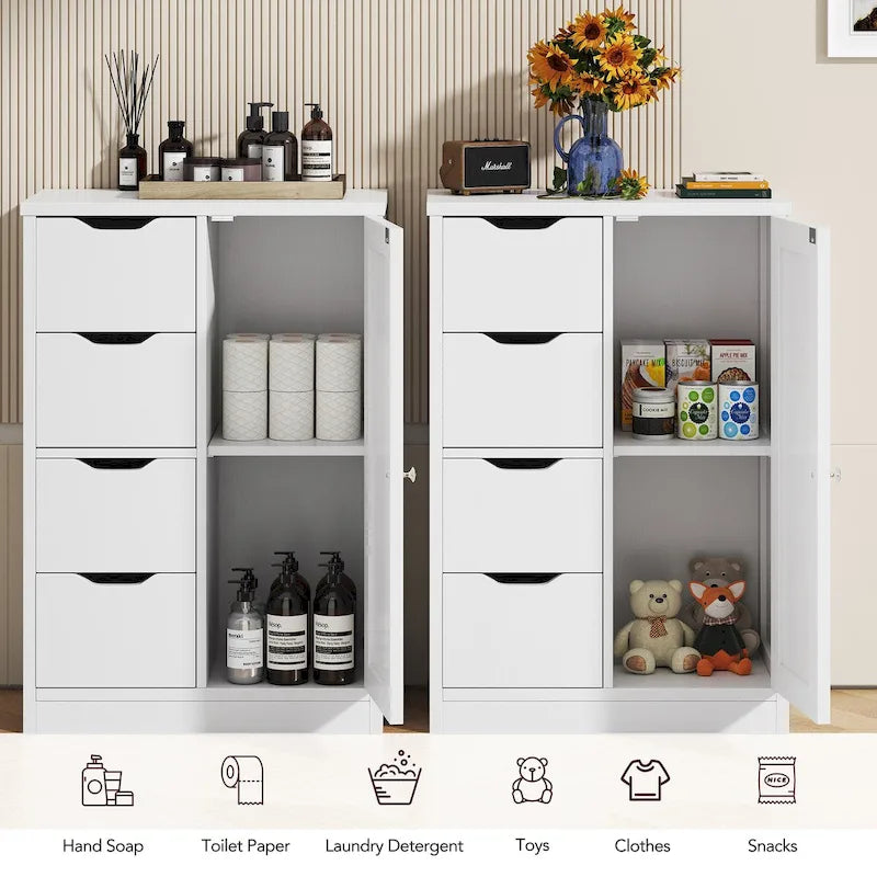 Bathroom Floor Storage Cabinet, Freestanding Pantry Cabinet with 4 Drawers and 1 Door