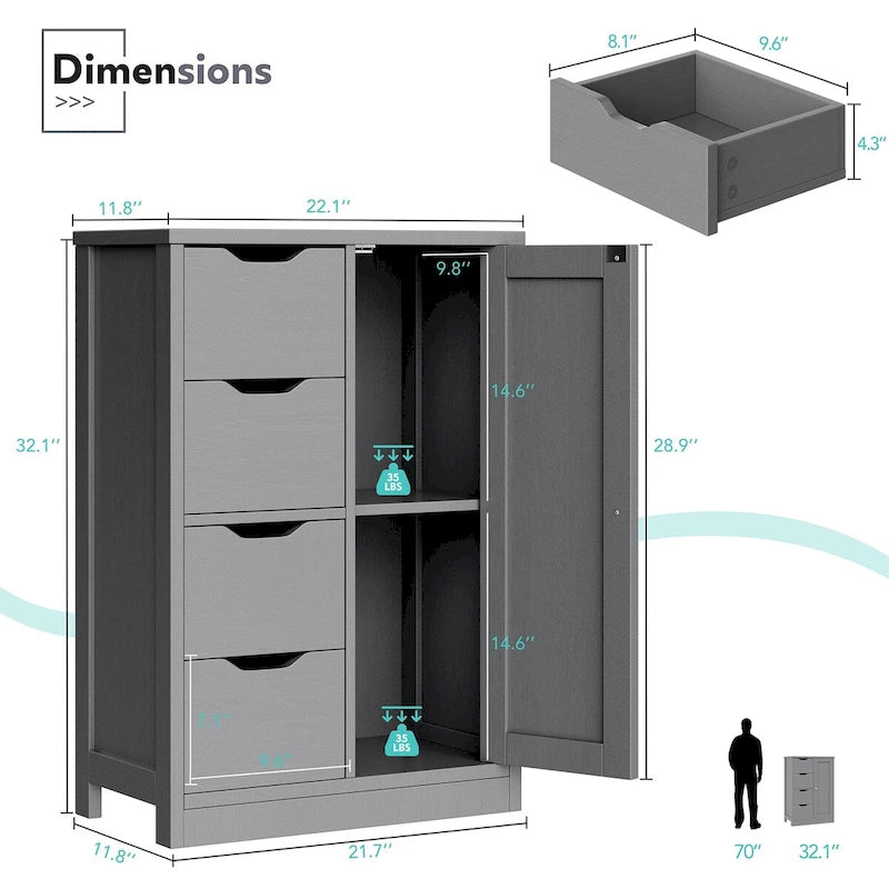 Bathroom Floor Storage Cabinet, Freestanding Pantry Cabinet with 4 Drawers and 1 Door