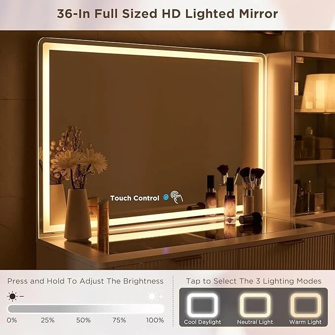 Modern Makeup Vanity Desk with HD Lighted Mirror, Dressing Table