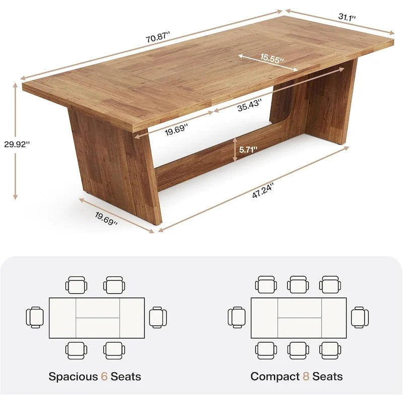 Eettafel in landelijke stijl van 71 inch voor 6-8 personen met massief onderstel